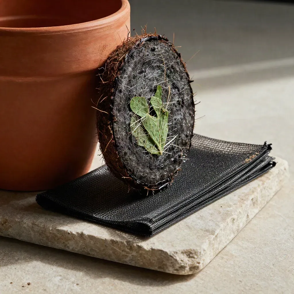 Top-down close-up of a terracotta propagation pot with swelling coco coir and black mesh on pale stone.