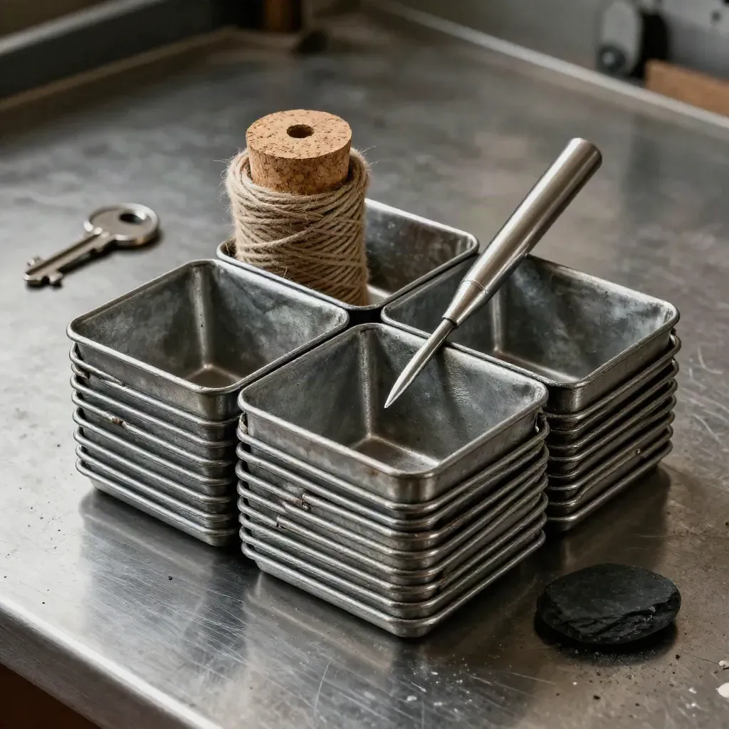 Galvanised seed trays, twine spool, dibber and slate pebble on brushed steel
