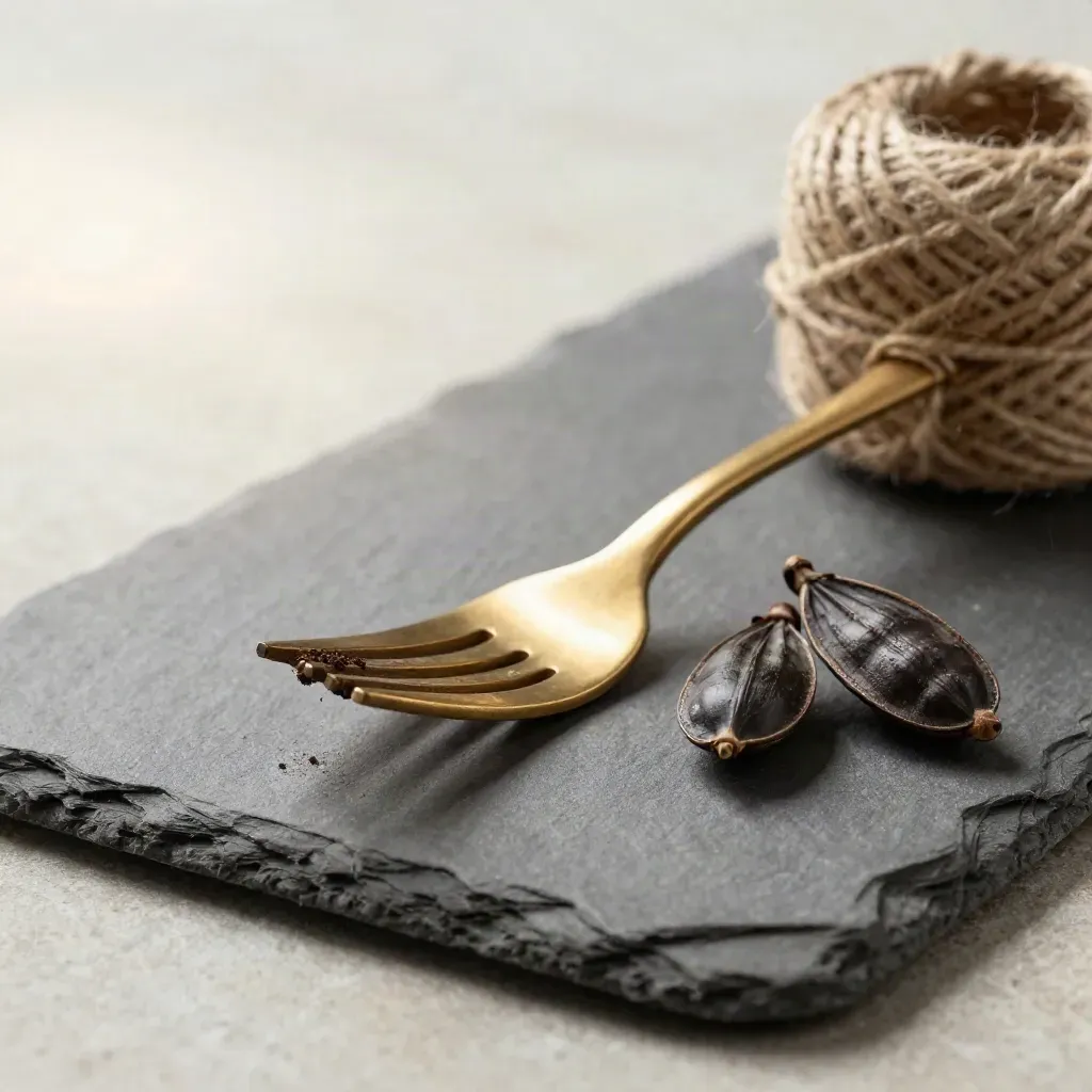 Brass hand fork, jute twine and seed pods on slate with damp compost and soft cream light.
