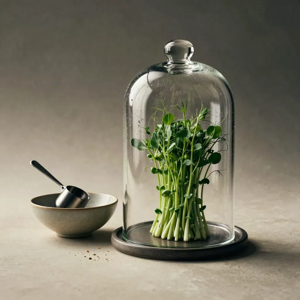 Glass cloche over pea shoots with bowl and mister on warm plaster, overhead editorial still life