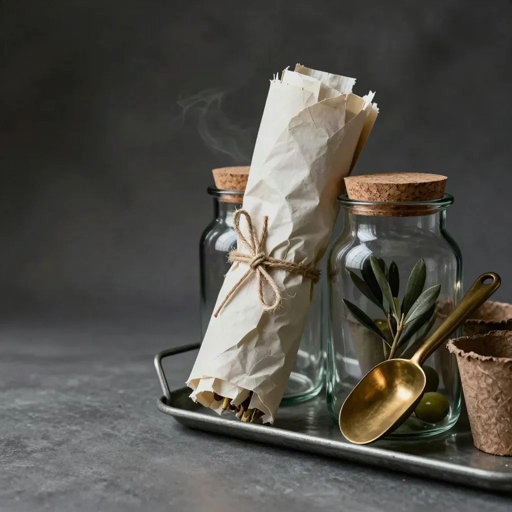 Seed jars, tied cuttings and brass scoop on a metal potting shelf in dramatic studio light