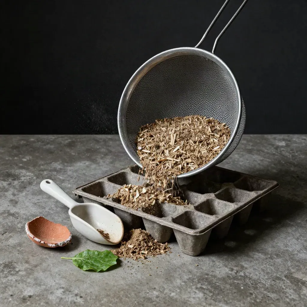 Compost sieve, plug tray, scoop and clay shard on concrete with drifting peat-free dust