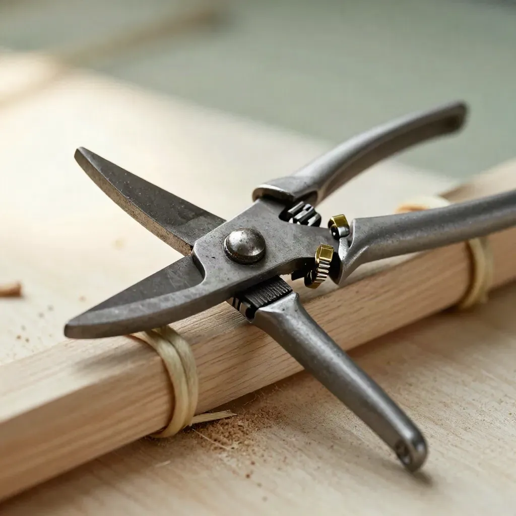 Pruning snips, cane ties and brass plant clips on pale wood in soft macro light