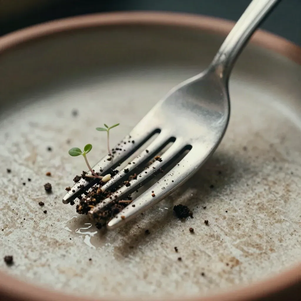 Stainless hand fork with damp compost and two herb shoots on pale stone, extreme macro