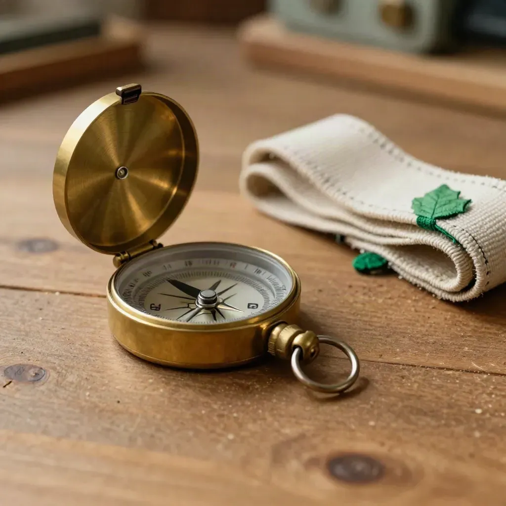 Open brass compass, stake marker and canvas strap on warm wood, lit with soft directional light.