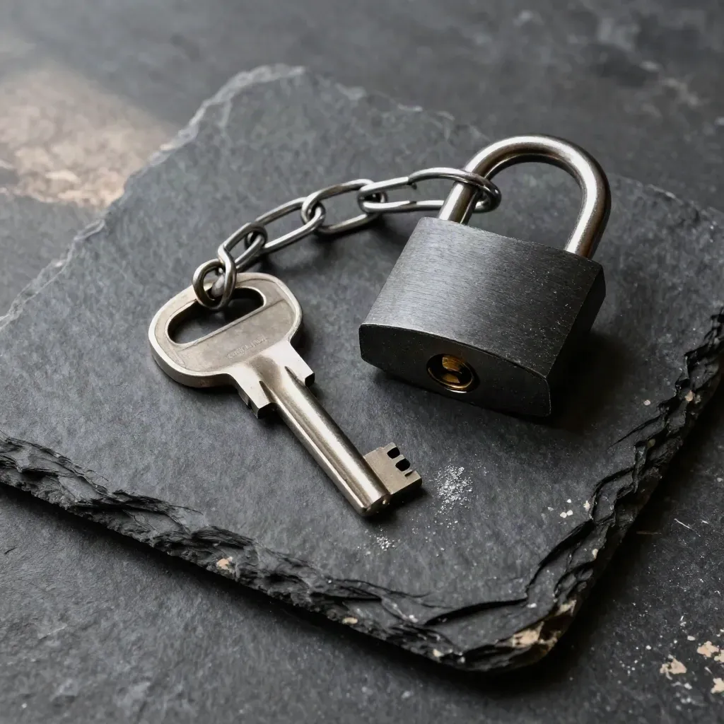 Overhead still life of an allotment gate key, open padlock and chain on slate.