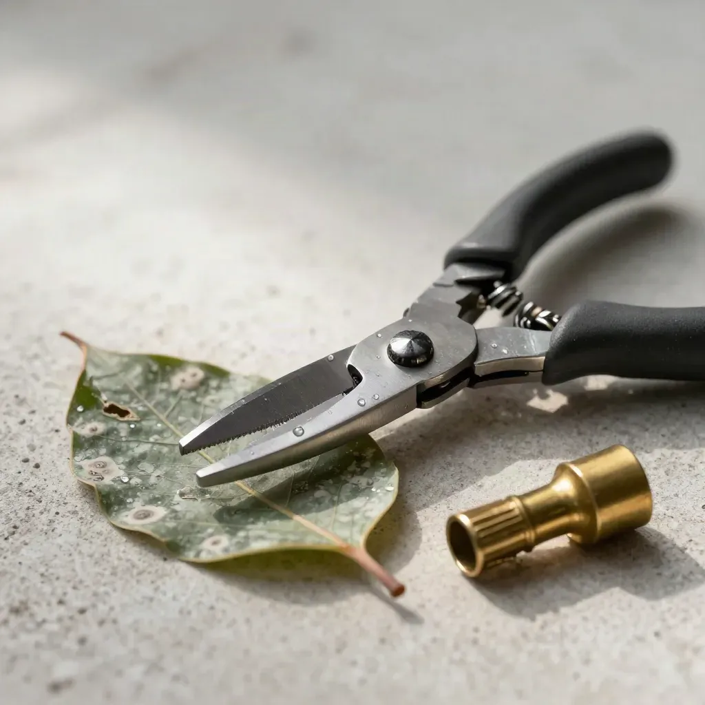 Macro still life of pruning snips, spotted leaf, and brass spray nozzle on concrete.
