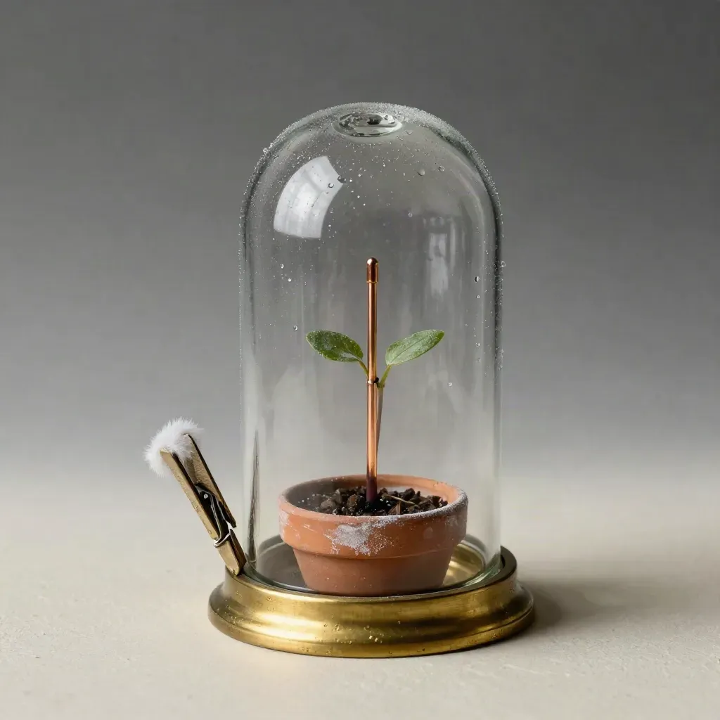 Seedling cloche, frost clip, copper thermometer and dew-speckled pots on plaster.