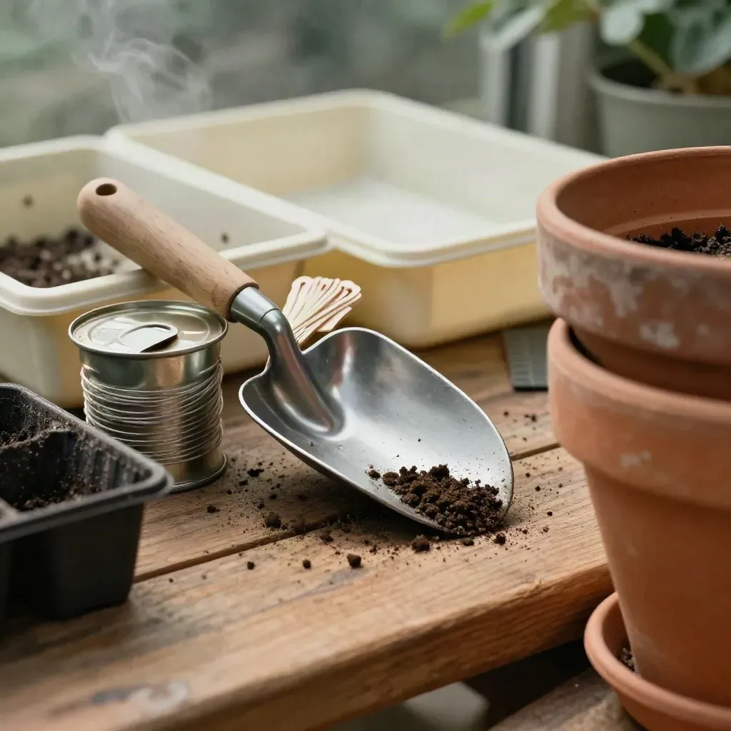 Macro still life of potting scoop, plant tags, seed tin and string reel behind a terracotta pot rim.