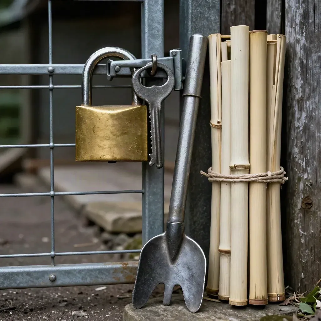 Locked allotment gate gear behind wire mesh: padlock, key, dibber and bamboo canes