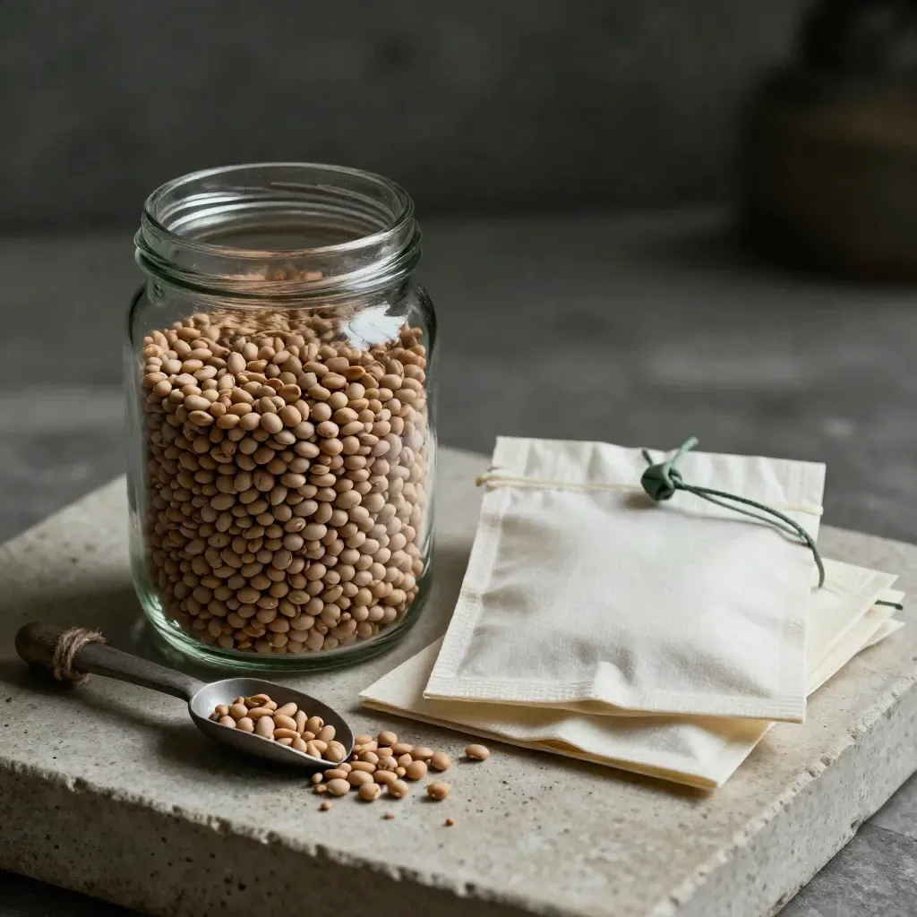 Open jar of saved bean seeds with paper sachets, twine and a seed scoop on cream stone.