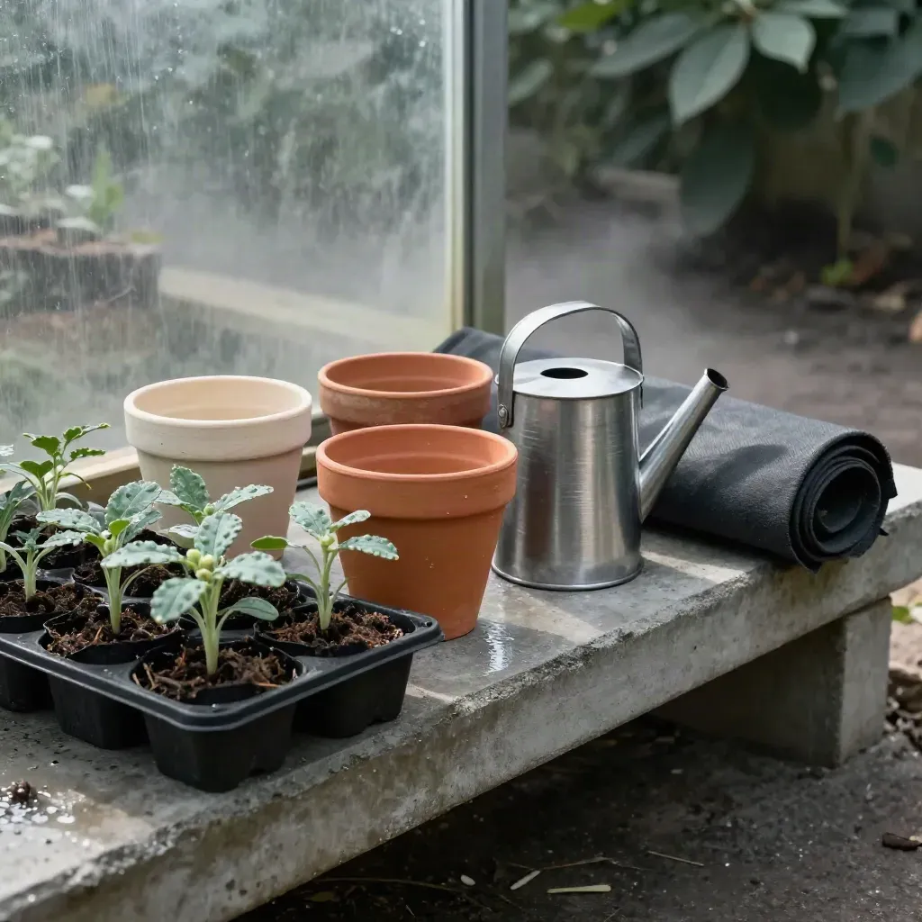 Misted nursery plugs, clay pots, watering lance and tarpaulin on charcoal concrete.