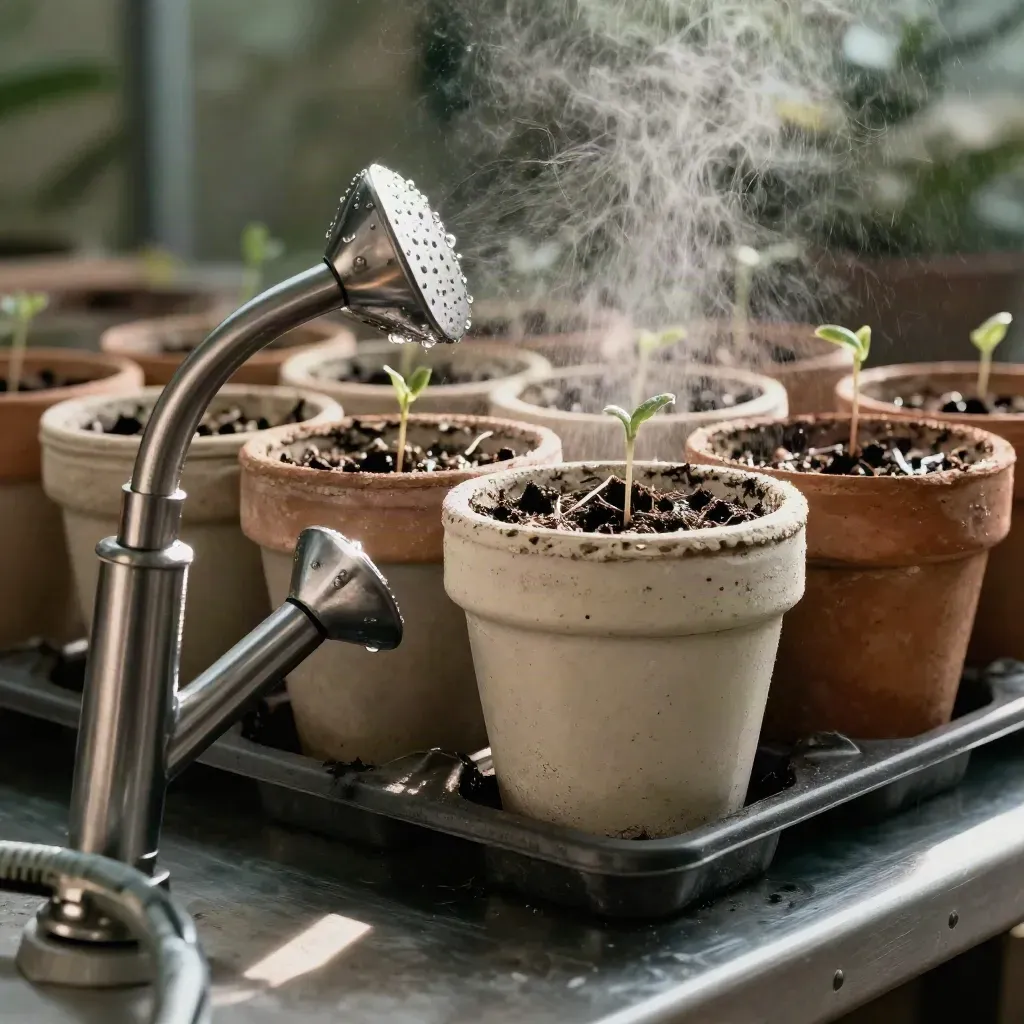 Misted plug trays, watering wand and stacked pots on a brushed metal bench with a hose loop foreground.