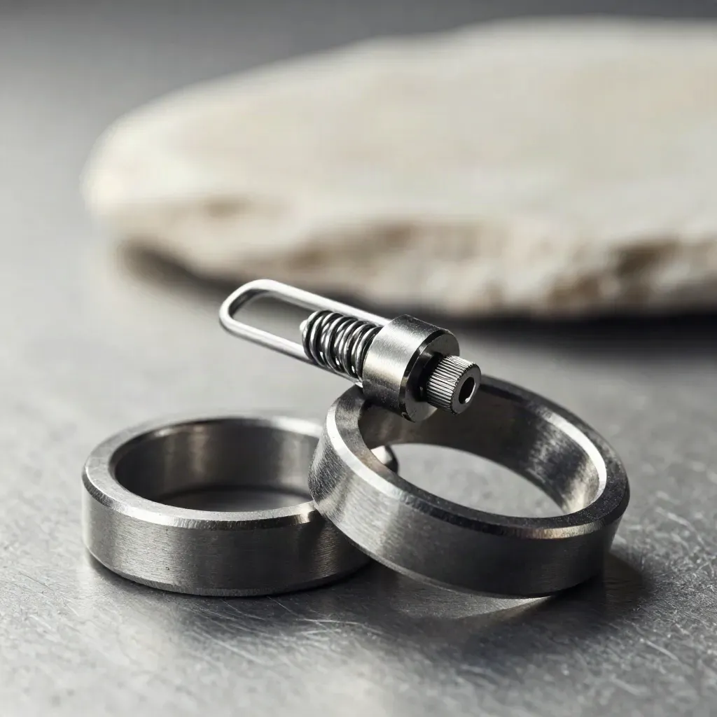 Macro still life of linked steel rings, a spring clip, and a precision connector on brushed metal.