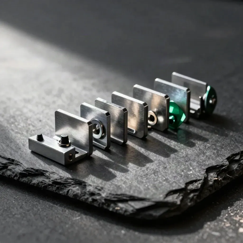 Steel brackets, washers, and fasteners in a tight arc on graphite slate