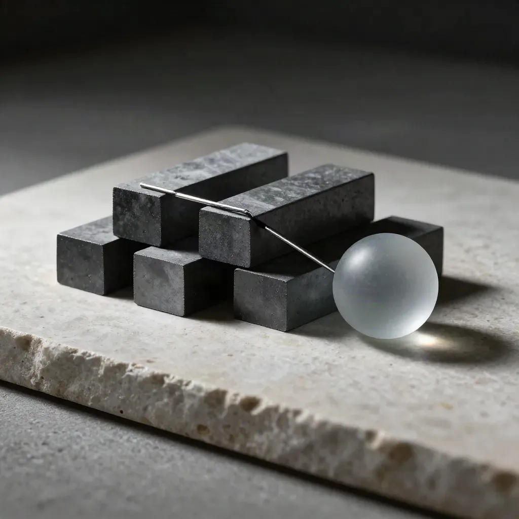 Graphite modular blocks, metal pin and frosted glass puck on pale stone with sage accent.