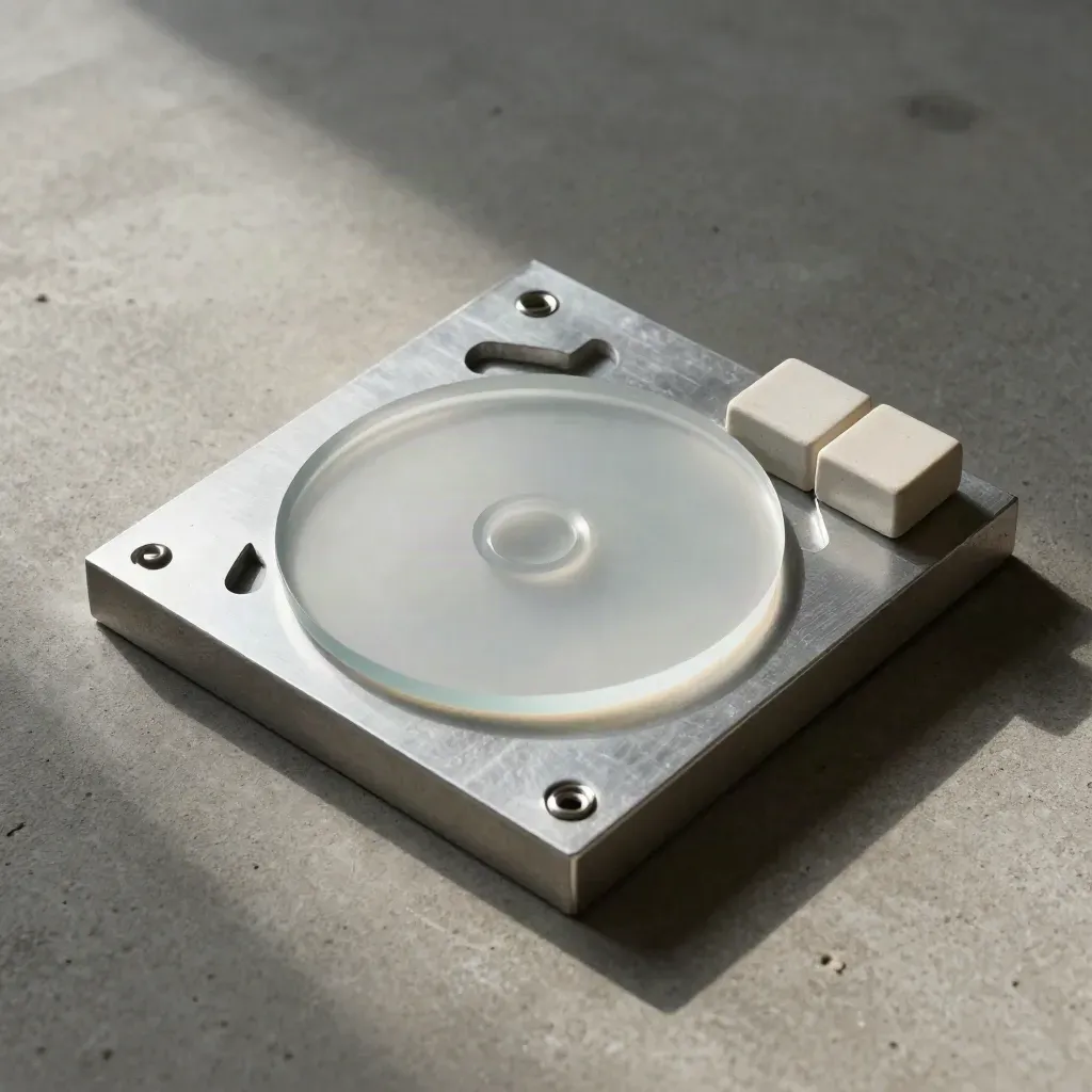 Overhead still life of aluminum, frosted glass, and ceramic blocks on concrete