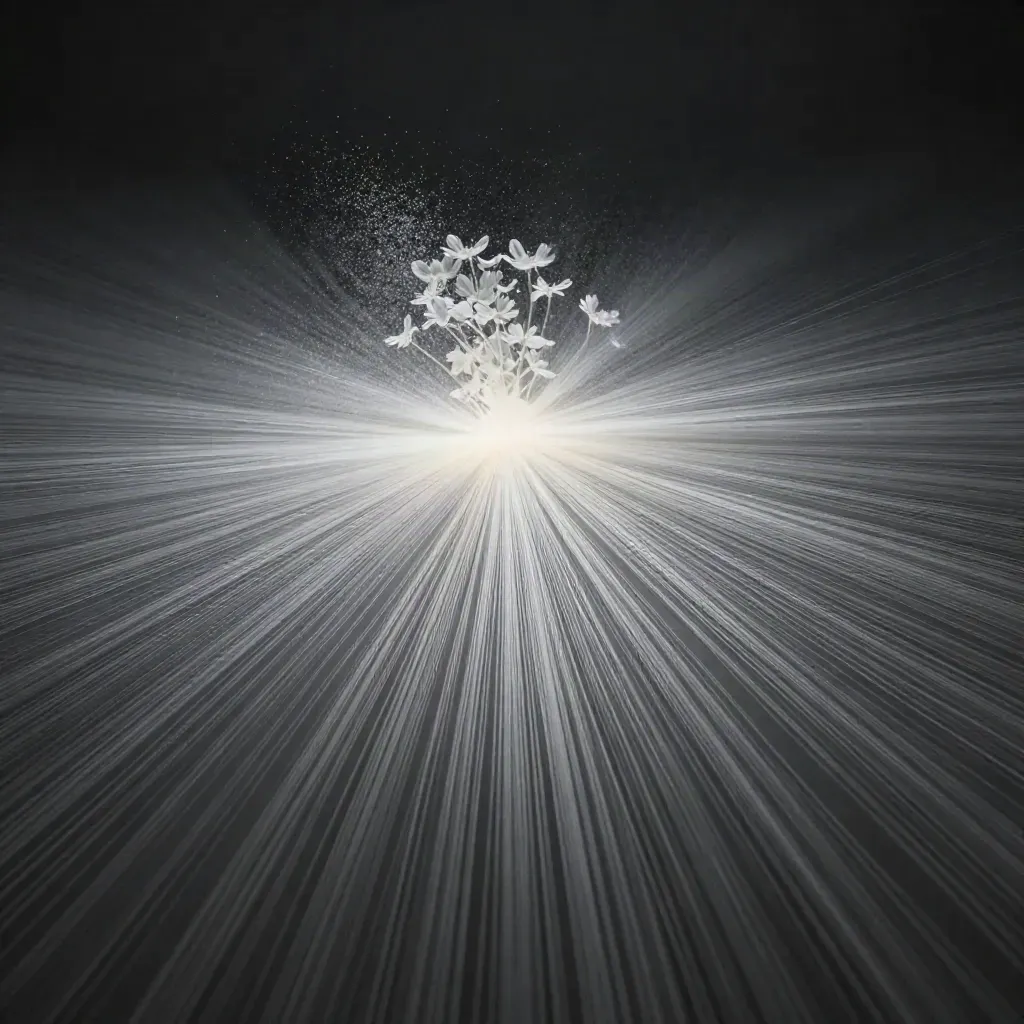 Silver light filaments converge into a soft white bloom in dark graphite space.